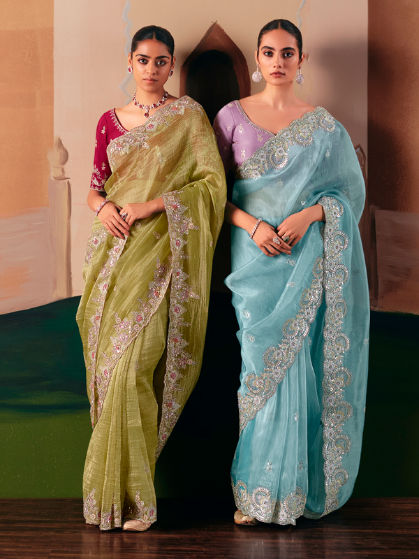 Lime Green Organza Silk Saree