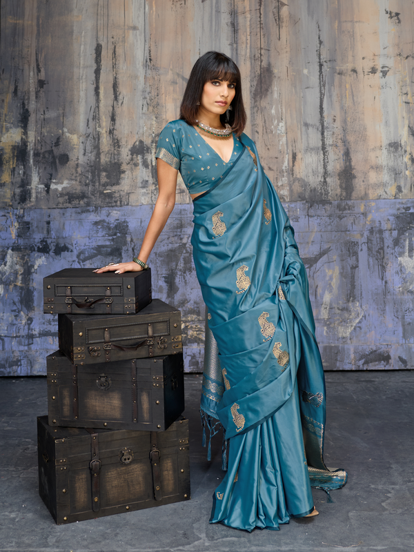 Peacock Teal Banarasi Satin Silk Saree