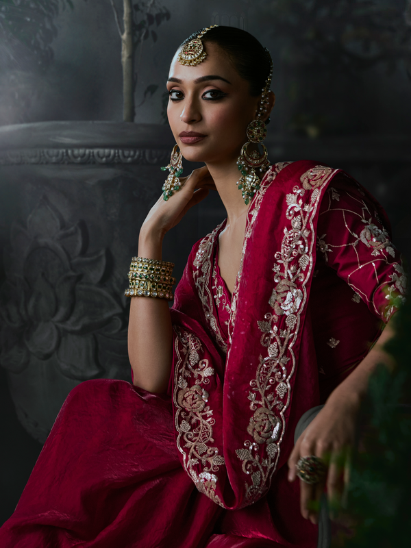 Crimson Red Embroidered Designer Satin Silk Saree