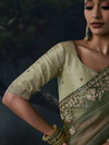 Olive Green Embroidered Designer Organza Silk Saree