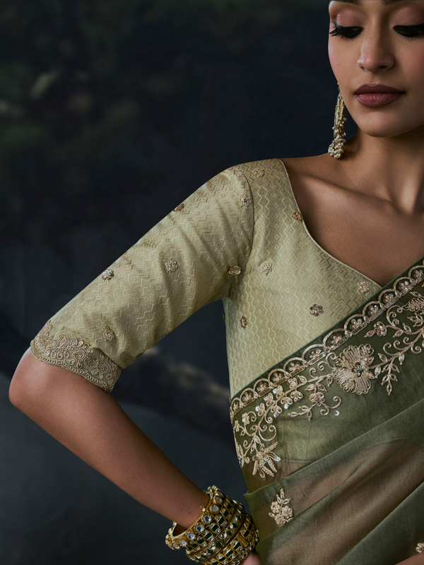 Olive Green Embroidered Designer Organza Silk Saree