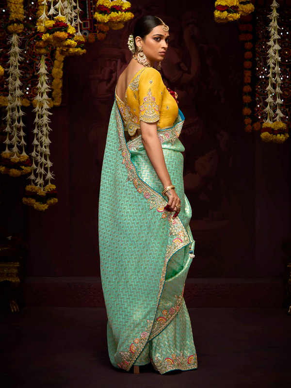 Sea Green Banarasi Designer Silk Saree With Contrast Blouse
