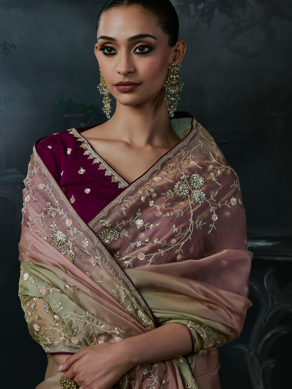 Dusty Rose Embroidered Designer Organza Silk Saree With Contrast Blouse