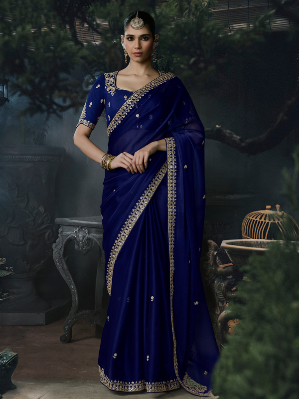 Royal Blue Embroidered Designer Satin Silk Saree