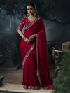 Crimson Red Embroidered Designer Satin Silk Saree