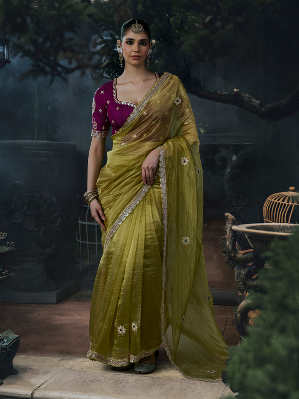 Mehendi Green Embroidered Designer Tissue Silk Saree With Contrast Blouse