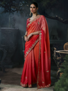 Coral Red Embroidered Designer Satin Silk Saree