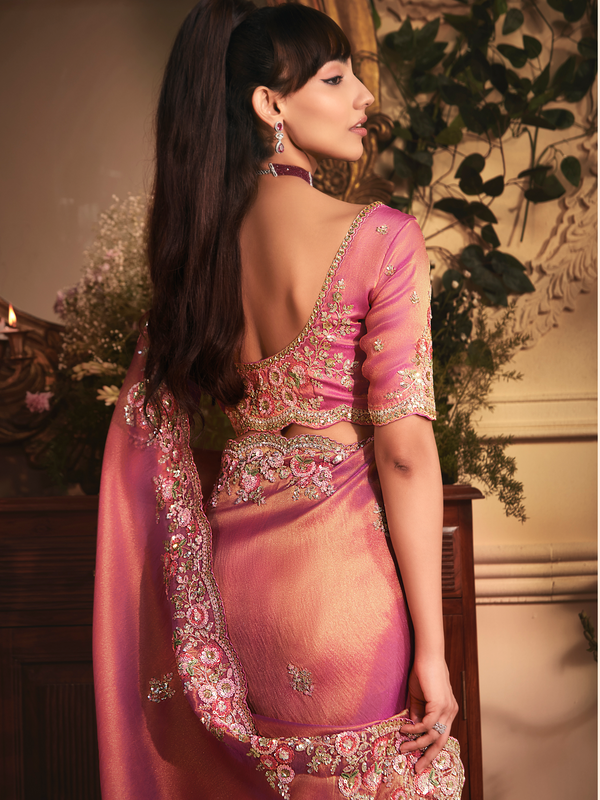 Rose Pink Tissue Organza Saree