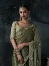 Olive Green Embroidered Designer Organza Silk Saree