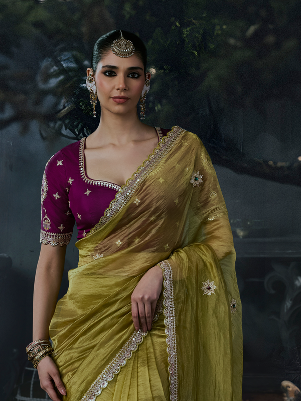 Mehendi Green Embroidered Designer Tissue Silk Saree With Contrast Blouse