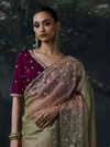 Dusty Rose Embroidered Designer Organza Silk Saree With Contrast Blouse