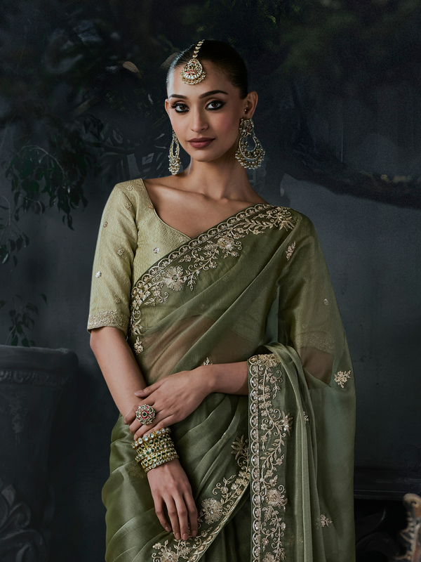Olive Green Embroidered Designer Organza Silk Saree