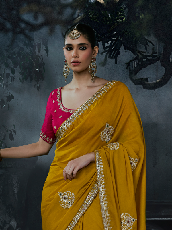 Mustard Yellow Embroidered Designer Satin Silk Saree With Contrast Blouse