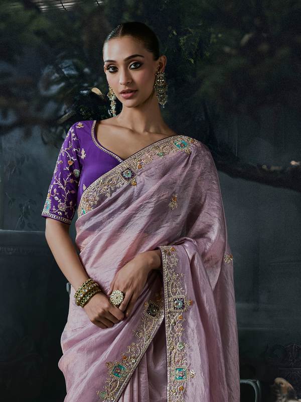 Dusty Mauve Embroidered Designer Tissue Silk Saree With Contrast Blouse