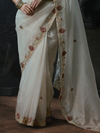 Off White Embroidered Designer Organza Silk Saree With Contrast Blouse