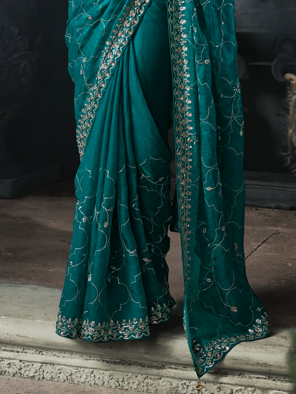 Peacock Teal Embroidered Designer Satin Silk Saree