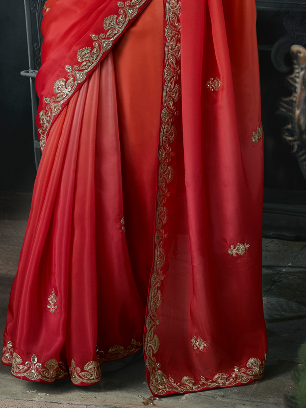 Coral Red Embroidered Designer Satin Silk Saree
