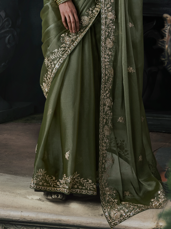 Olive Green Embroidered Designer Organza Silk Saree