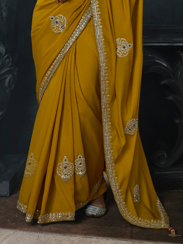 Mustard Yellow Embroidered Designer Satin Silk Saree With Contrast Blouse