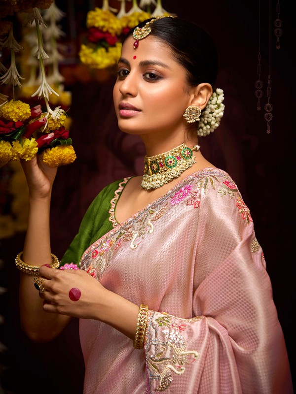 Rose Pink Banarasi Designer Silk Saree With Contrast Blouse