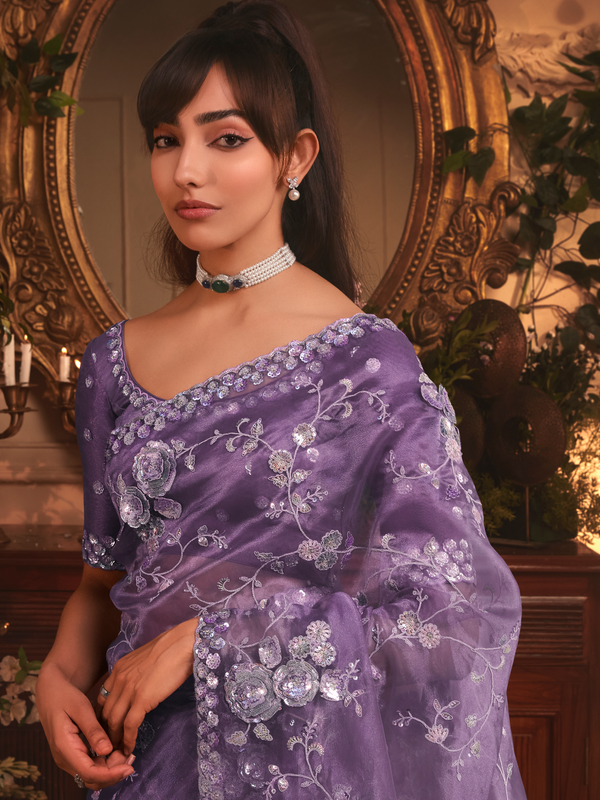 Lavender Organza Silk Saree