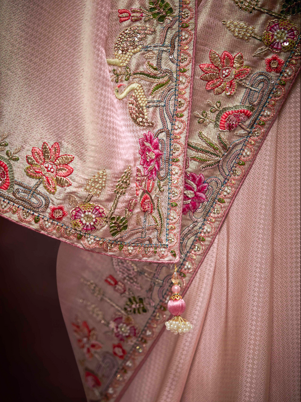 Rose Pink Banarasi Designer Silk Saree With Contrast Blouse