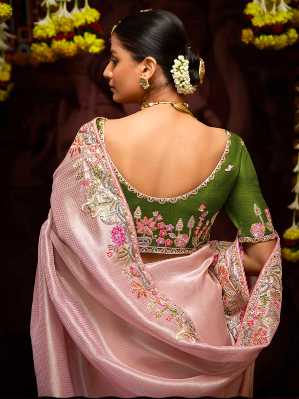 Rose Pink Banarasi Designer Silk Saree With Contrast Blouse