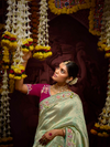 Pista Green Banarasi Designer Silk Saree With Contrast Blouse