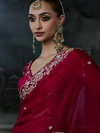 Crimson Red Embroidered Designer Satin Silk Saree