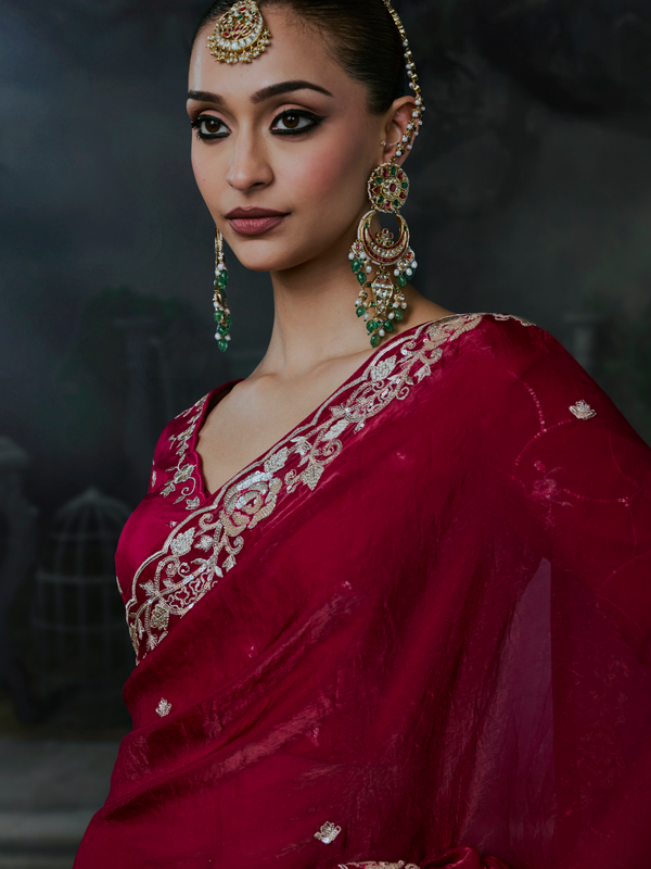Crimson Red Embroidered Designer Satin Silk Saree