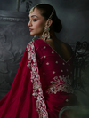 Crimson Red Embroidered Designer Satin Silk Saree