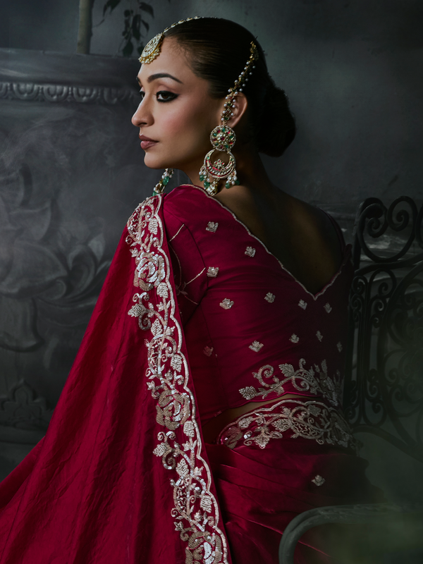 Crimson Red Embroidered Designer Satin Silk Saree