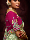 Pista Green Banarasi Designer Silk Saree With Contrast Blouse
