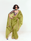 Olive Green Satin Silk Saree With Contrast Blouse