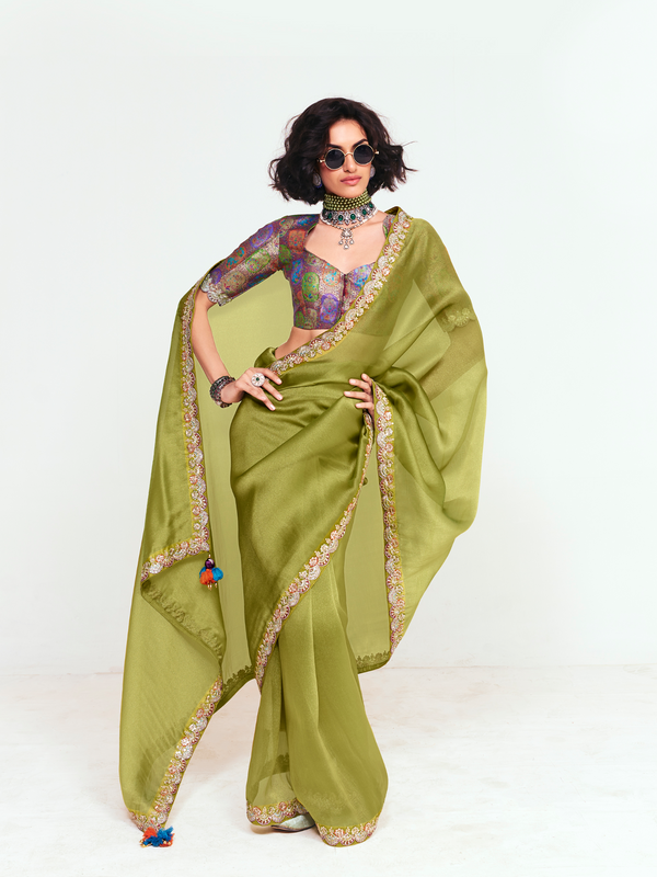 Olive Green Satin Silk Saree With Contrast Blouse