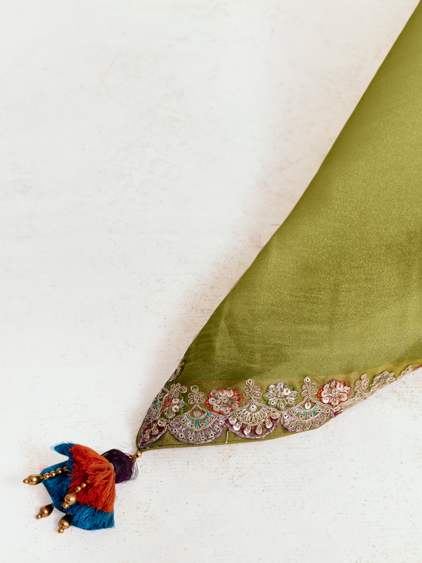Olive Green Satin Silk Saree With Contrast Blouse