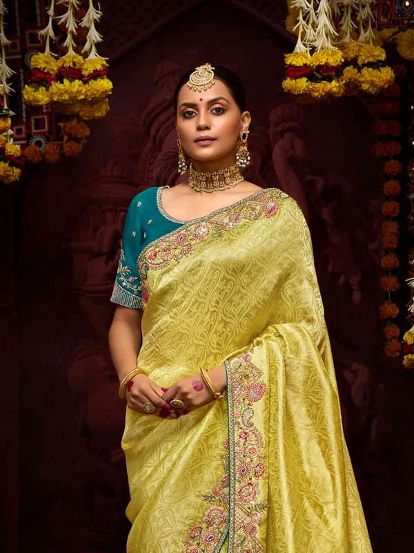 Lemon Yellow Banarasi Designer Silk Saree With Contrast Blouse