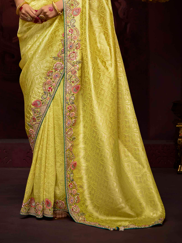 Lemon Yellow Banarasi Designer Silk Saree With Contrast Blouse