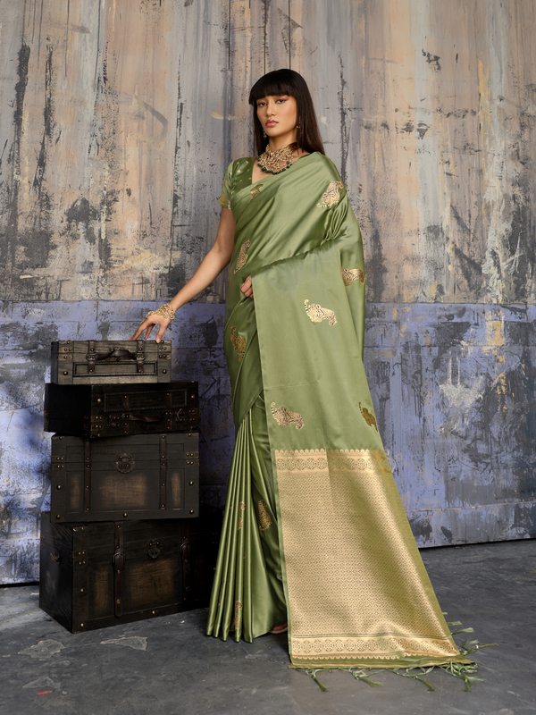 Olive Green Banarasi Satin Silk Saree