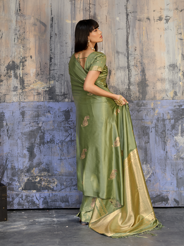 Olive Green Banarasi Satin Silk Saree