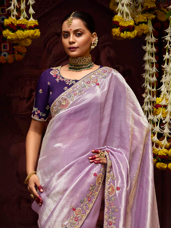 Lilac Banarasi Designer Silk Saree With Contrast Blouse