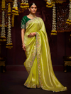 Lime Green Banarasi Designer Silk Saree With Contrast Blouse