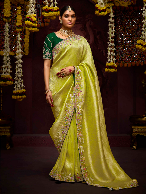 Lime Green Banarasi Designer Silk Saree With Contrast Blouse