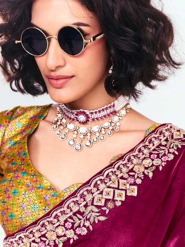 Wine Satin Silk Saree With Contrast Blouse