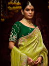 Lime Green Banarasi Designer Silk Saree With Contrast Blouse