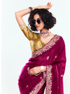 Wine Satin Silk Saree With Contrast Blouse