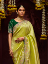Lime Green Banarasi Designer Silk Saree With Contrast Blouse