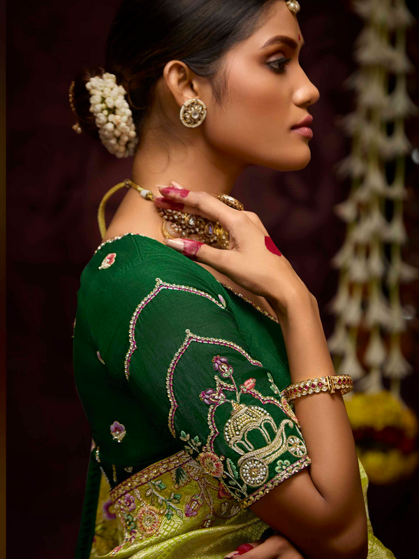 Lime Green Banarasi Designer Silk Saree With Contrast Blouse