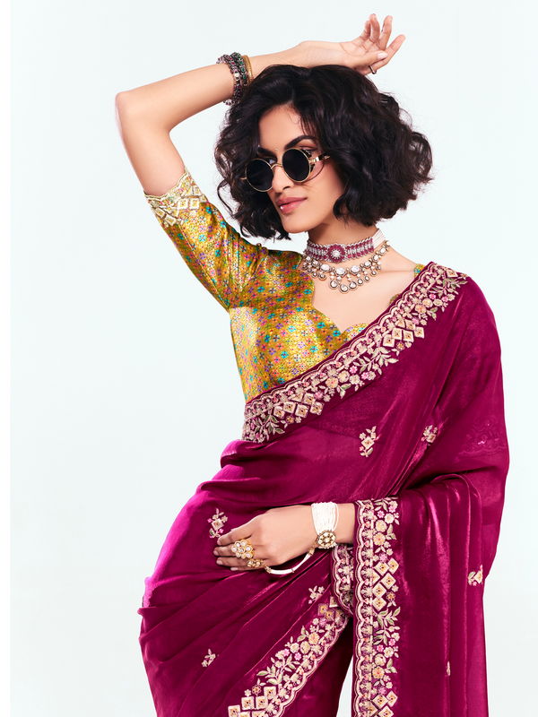 Wine Satin Silk Saree With Contrast Blouse