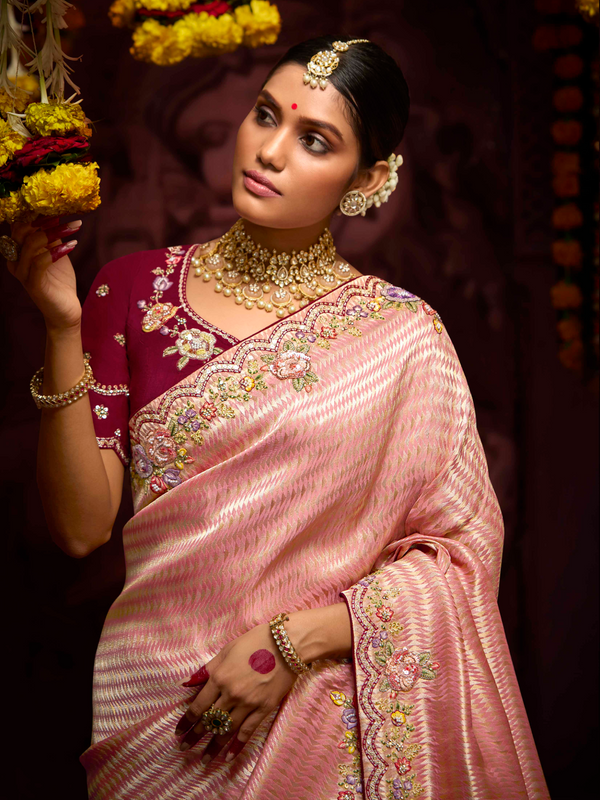 Peach Banarasi Designer Silk Saree With Contrast Blouse